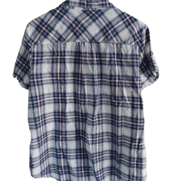 Westport Button Down Blue Plaid Short Sleeve Top - Picture 6 of 6